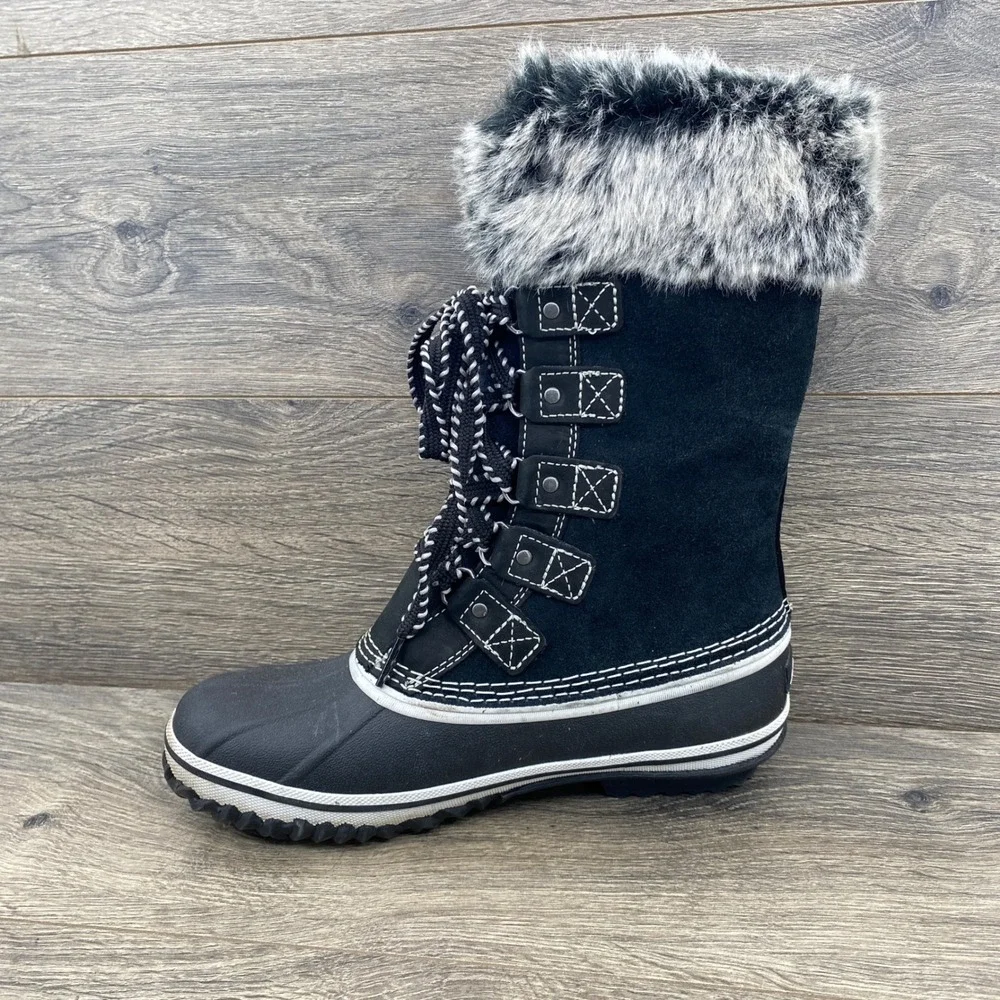 Eddie Bauer WeatherEdge Snow Boots Womens 7 Black Faux Fur Waterproof Suede